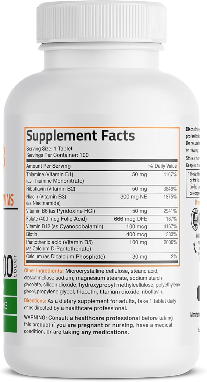 Bronson Vitamin B Complex (Vitamin B1, B2, B3, B6, B9 - Folic Acid, B12), 100 Tablets