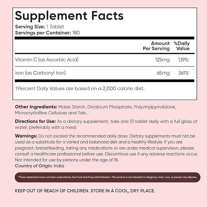 WeightWorld Iron Supplement 65mg - with Vitamin C 125mg - 180 Tablets (6 Months Supply) - Gentle Carbonyl Iron Supplement for Women & Men - Energy Booster & Blood Heath - Vegan, Non-GMO & Gluten-Free