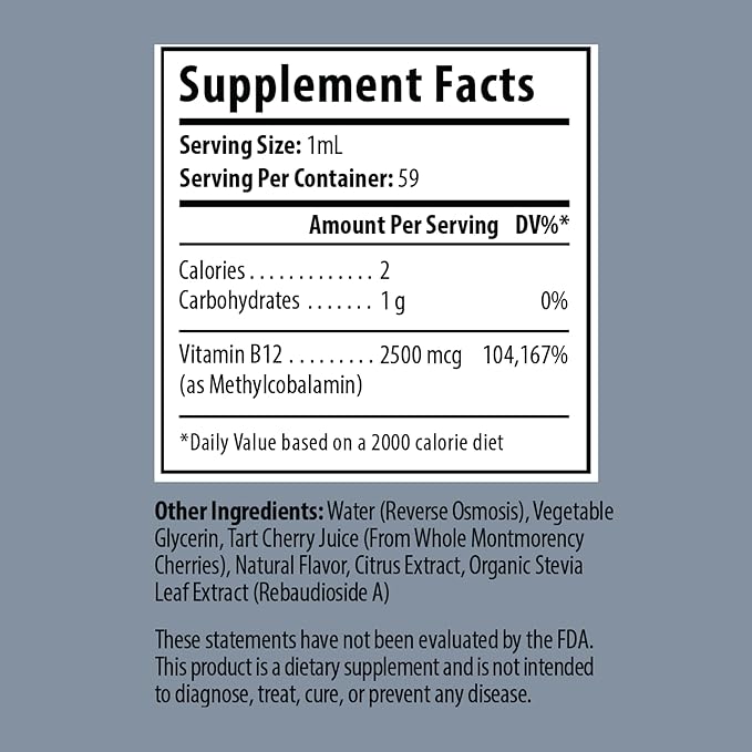 Vitamin B12 2500 mcg 2 oz Liquid Drops for Energy Production, Nervous System Health - No Artificial Preservatives, Non-GMO, Gluten Free, Vegan-Friendly