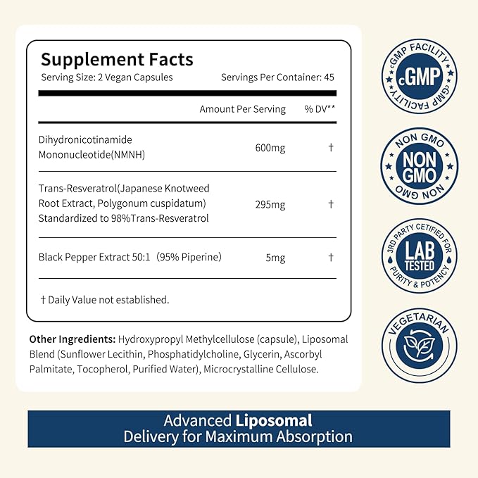 NMNH NAD+ Supplement, Liposomal 600mg NMN NAD+ and Resveratrol Complex for Cellular Energy, Healthy Aging & Metabolic Support, 90 Capsules