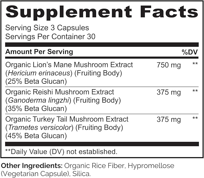NATURELO Mushroom Supplement Capsules, 90 Ct, Brain & Immune Support, Vegan-Friendly, Lions Mane Supplement Capsules, Lion’s Mane, Reishi, Turkey Tail Blend