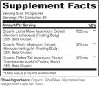 NATURELO Mushroom Supplement Capsules, 90 Ct, Brain & Immune Support, Vegan-Friendly, Lions Mane Supplement Capsules, Lion’s Mane, Reishi, Turkey Tail Blend