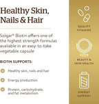 Solgar Biotin 10000 mcg Vegetable Capsules Energy Metabolism Promotes Healthy Skin Nails Hair Super High Potency NonGMO Vegan Gluten Free Dairy Free Kosher Servings, Standard Packaging, Unflavored, 120 Count