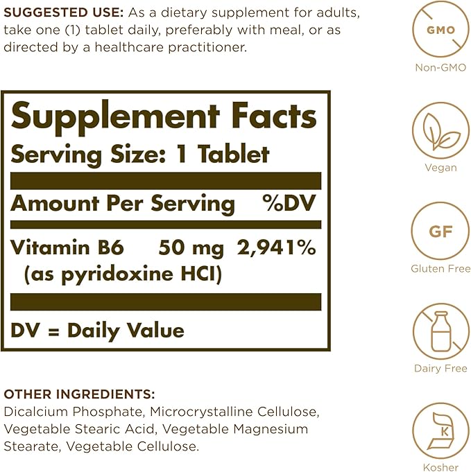 Solgar Vitamin B6 50 mg - 100 Tablets - Non-GMO, Vegan, Gluten Free, Dairy Free, Kosher, Halal - 100 Servings