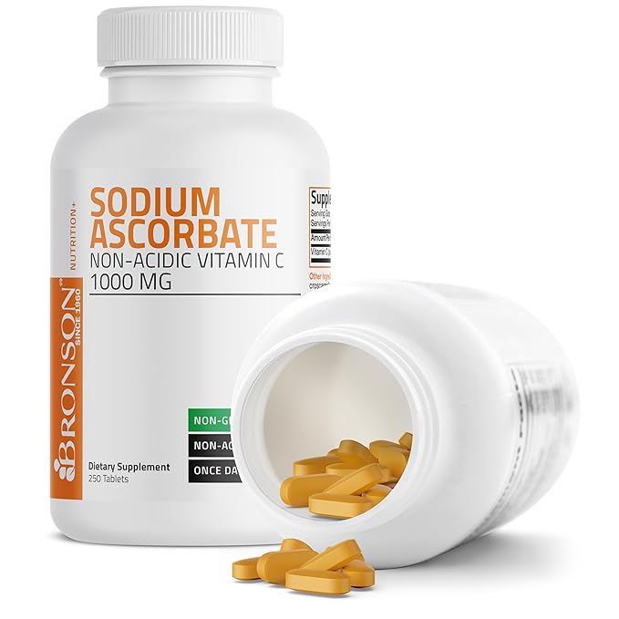 Bronson Sodium Ascorbate Non Acidic Vitamin C 1000 Mg Tablets - Gentle On The Stomach - Immune System Booster - Powerful Antioxidant - Non GMO Vitamin C Supplement, 250 Count