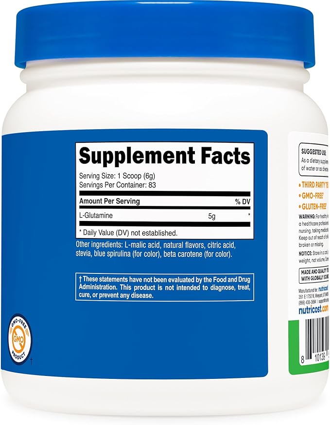 Nutricost L-Glutamine Powder Supplement (Green Apple) 500g - Gut Support, 5 Grams per Serving, Sweetened with Stevia - Gluten Free, Non GMO