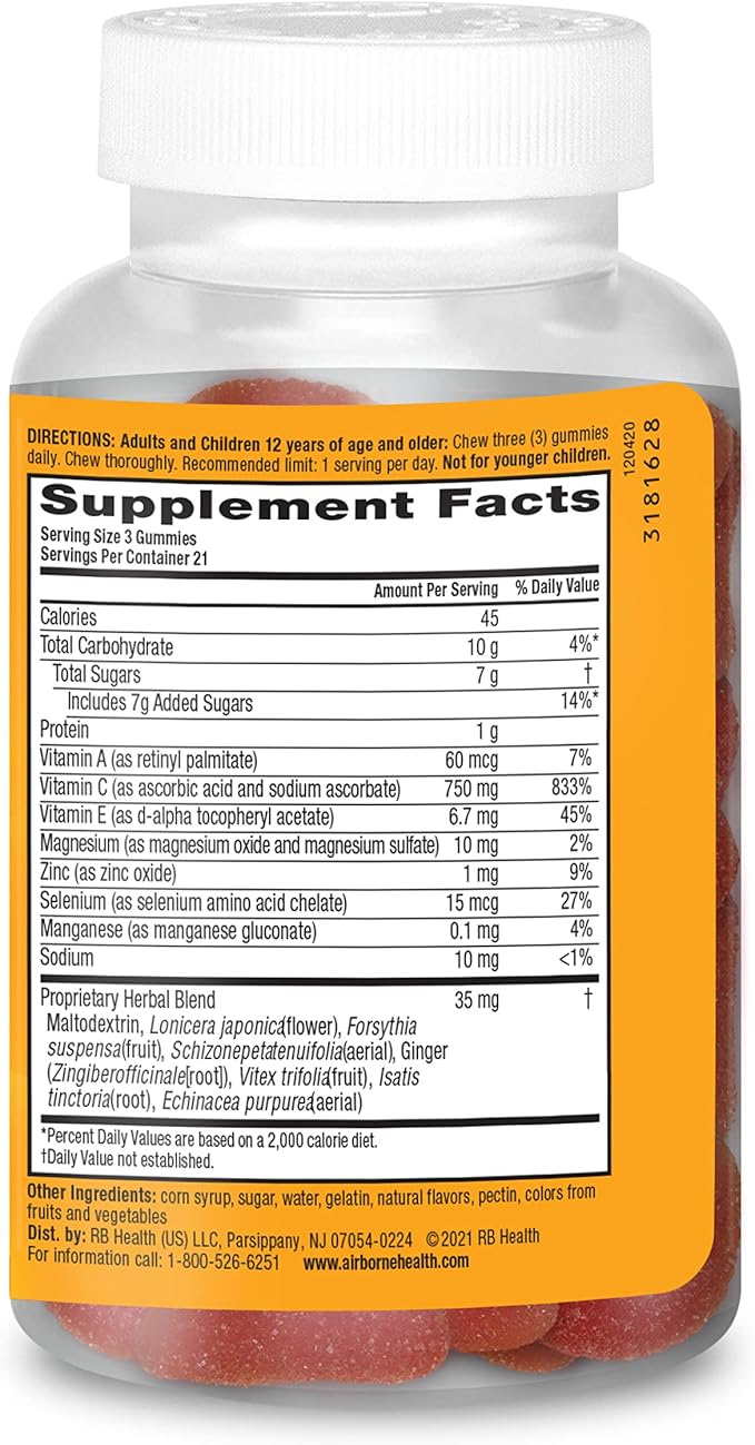 Airborne 750mg Vitamin C Gummies For Adults, Immune Support Supplement with Powerful Antioxidants Vitamins A C & E - 63 Gummies, Blueberry Pomegranate Flavor