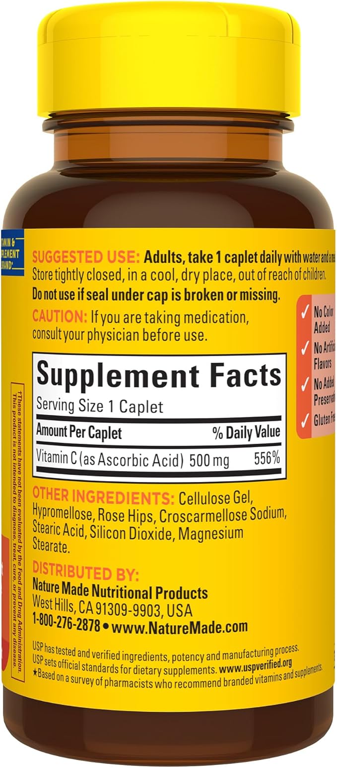 Nature Made Vitamin C 500mg with Rose Hips, Dietary Vitamin C Supplement for Immune Support, 130 Caplets, 130-Day Supply