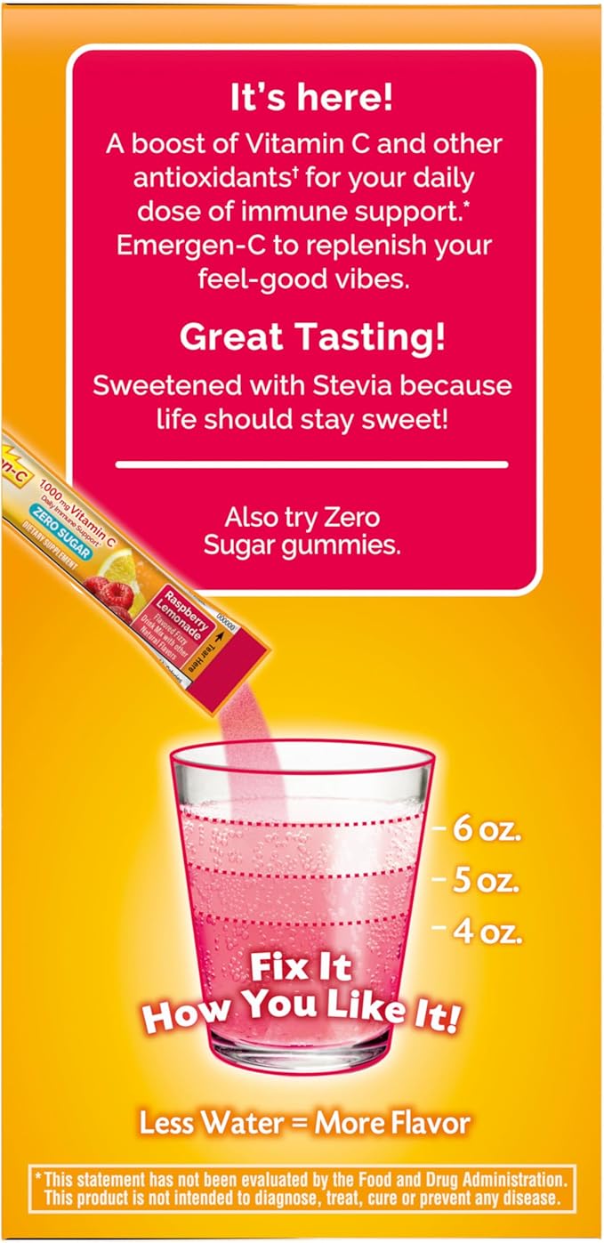 Emergen-C Zero Sugar 1000 mg Vitamin C Powder for Daily Immune Support Caffeine Free Vitamin C Supplements with Zinc & Manganese,B Vitamins&Electrolytes, Raspberry Lemonade Flavor 36 Count(Pack of 2)