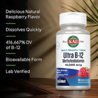 KAL Ultra B12 Methylcobalamin 10,000mcg, High Potency Vitamin B-12 for Healthy Energy, Metabolism, Nerve, Red Blood Cell Support,* Natural Raspberry Flavor, Vegetarian, 30 Micro Tablets, 30 Servings