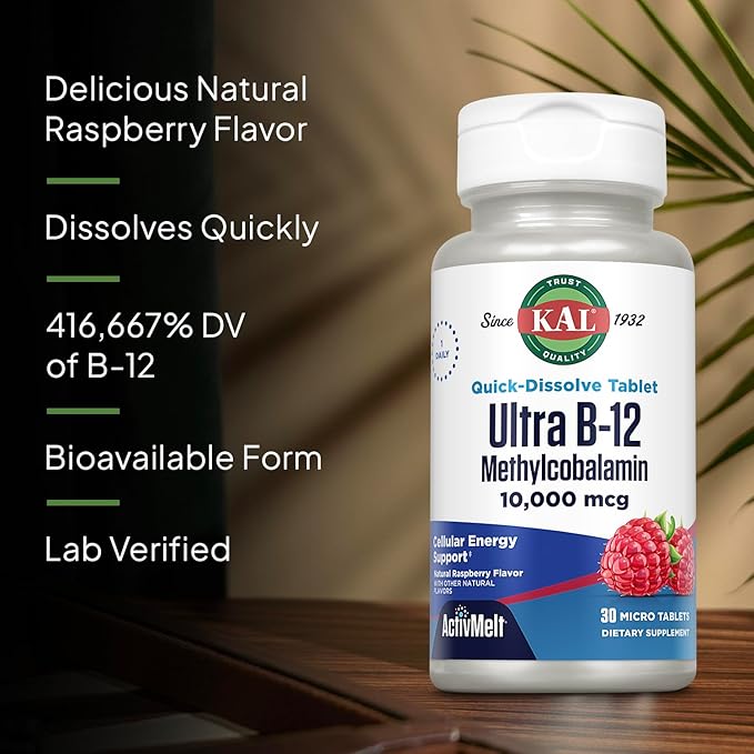 KAL Ultra B12 Methylcobalamin 10,000mcg, High Potency Vitamin B-12 for Healthy Energy, Metabolism, Nerve, Red Blood Cell Support,* Natural Raspberry Flavor, Vegetarian, 30 Micro Tablets, 30 Servings