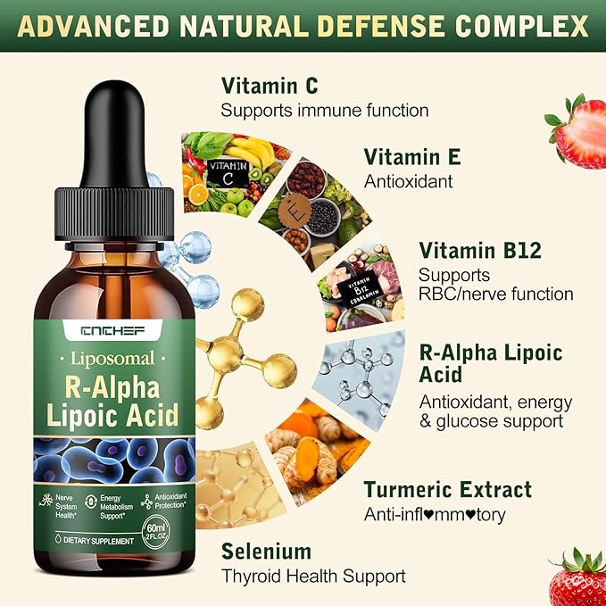 2PCS R Alpha Lipoic Acid Liquid Drops 600mg – ALA Supplement Nerve Savior for Neuropathy for Nerve, Energy & Metabolism Support - Extra Strength with Turmeric, Selenium, C E & B12, Strawberry Flavor