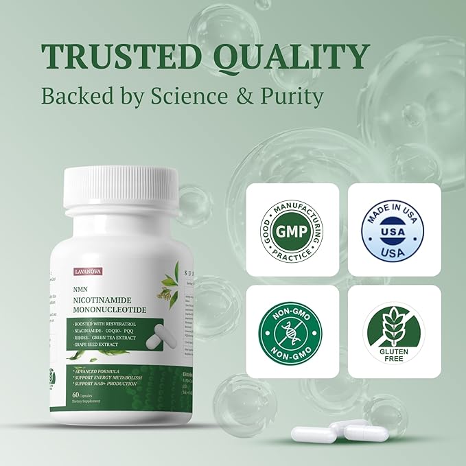 NMN Supplement 500mg, Supports NAD+ Levels & Cellular Energy, Anti-Aging & Longevity, with NMN (Nicotinamide Mononucleotide), Resveratrol and Niacinamide, 60 Veggie Capsules for Women & Men, Daily Use