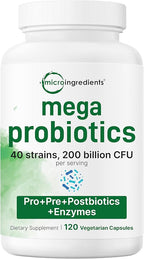Micro Ingredients Probiotics 200 Billion CFU, 120 Veggie Capsules | Mega Probiotics for Men & Women | 40 Strains with Prebiotics, Postbiotics & Digestive Enzymes | Gut, Immune & Digestive Health