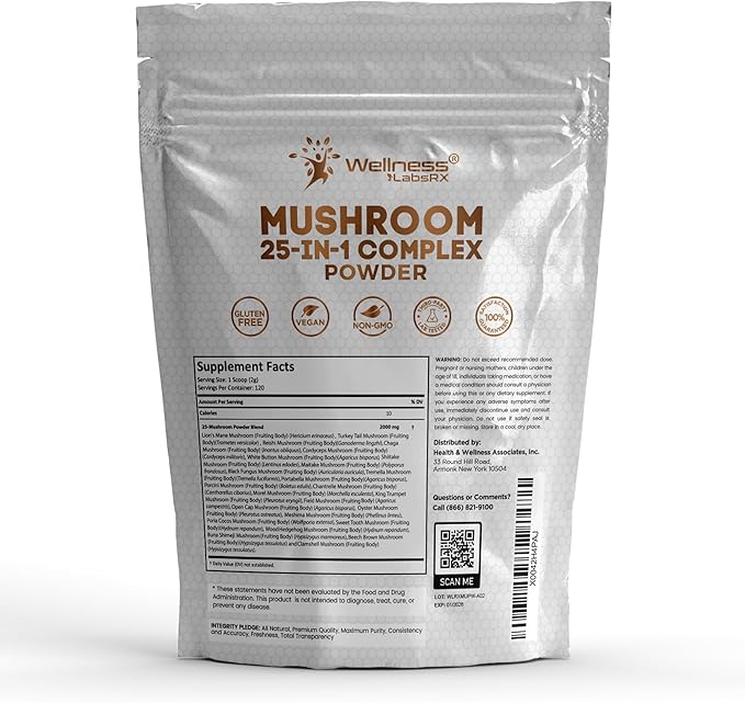 WELLNESS LABSRX Mushroom Powder, 25 in 1 Mushrooms Supplement - 2000mg, 25 Superfood Mishroom Lions Mane Powder with Chaga, Shiitake, Cordyceps, Reishi - Lion's Mane Mushroom - Pack of 2