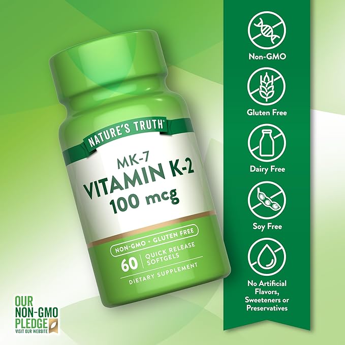 Nature's Truth Vitamin K2 MK-7 | 100 mcg | 60 Softgels | Non-GMO & Gluten Free Supplement