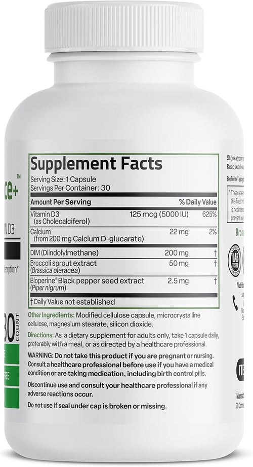 Bronson DIM Balance+ Calcium D-Glucarate, Broccoli Sprouts and Vitamin D3 200 MG of DIM per Capsule Supports Estrogen Metabolism and Balanced Hormone Levels Non-GMO, 30 Vegetarian Capsules