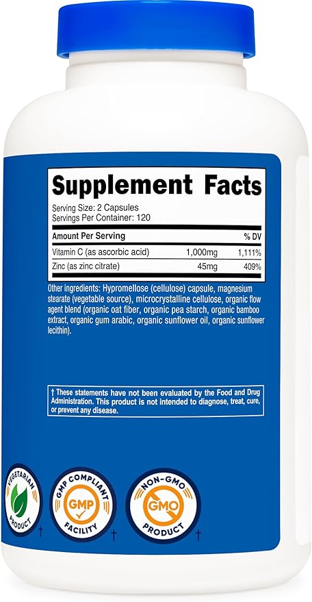 Nutricost Vitamin C with Zinc Capsules, 120 Servings - 1000mg, 45mg Zinc, Non-GMO, Gluten Free Vitamin C Supplement (Pack of 2)