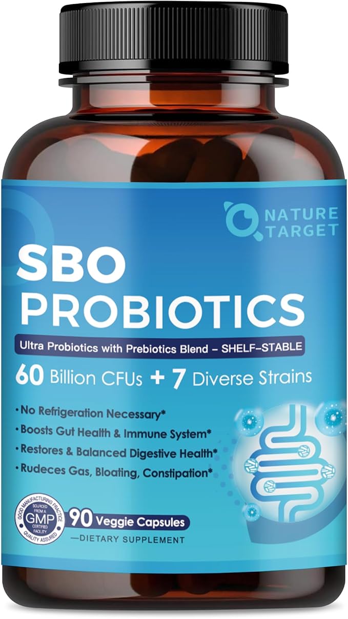 NATURE TARGET Probiotics for Women & Men, 60 Billion CFU, Prebiotics and Probiotic for Gut Health - SBO Probiotics Supports Digestive, Constipation, Diarrhea, Gas & Bloating, 90 Veggie Capsules