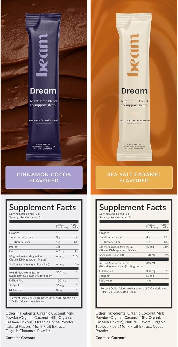 Beam Dream Sleep Powder – Sleep Aid for Adults with Melatonin, Magnesium, L-Theanine, Reishi Mushroom & Apigenin Sleep Supplement, Sleepy Cocoa Bedtime Drink Mix, Starter Set, 10 Servings & Frother