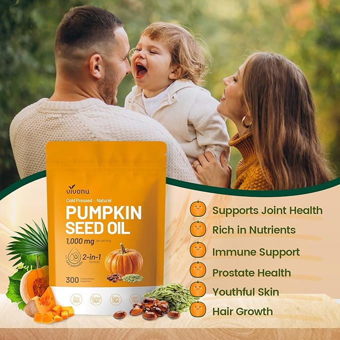 VivoNu Pumpkin Seed Oil with Saw Palmetto Capsules |Cold Pressed, Pure Virgin Oil,Essential Fatty Acids & Phytosterols |300 SoftgelsSupports Hair,Urinary,Bladder&Prostate Health|Non-GMO