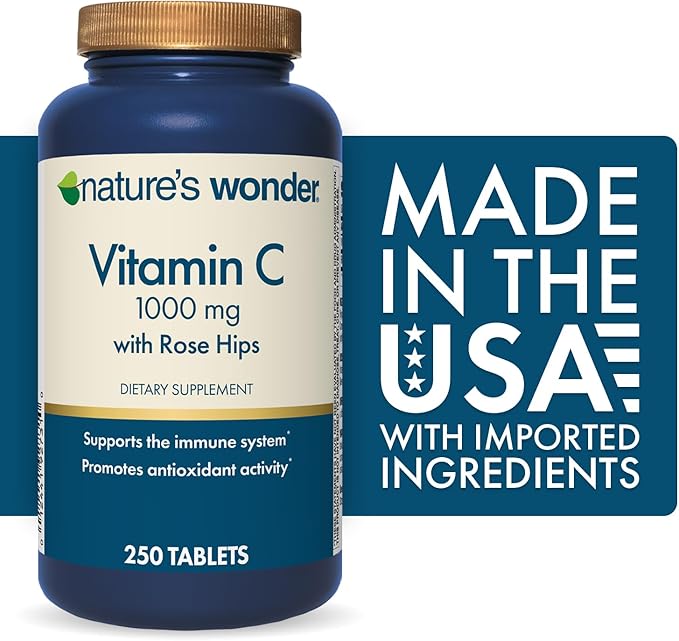 Nature's Wonder Vitamin C 1000 mg with Rose Hips Tablets for Immune Health, 250 Servings, 250 count