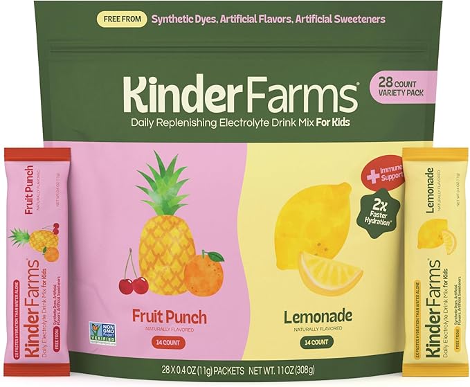 KinderFarms Electrolyte Powder for Kids and Adults - Variety Pack Drink Mix Hydration Packets 28 Count, No Artificial Sweeteners or Flavors, No Synthetic Dyes, Vegan, Non-GMO, Gluten-Free