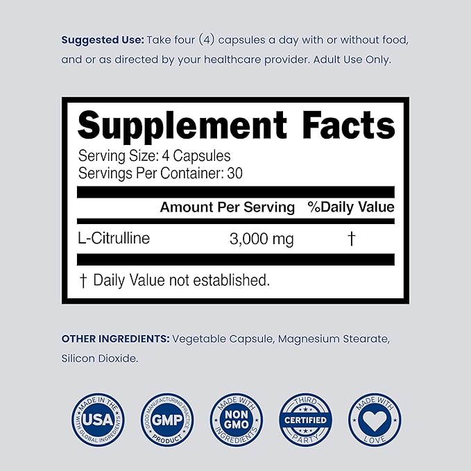 L Citrulline 3000mg Supplement (120 Capsules) Support L Arginine & Nitric Oxide Pills - L-Citrulline For Men & Women - Muscle Recovery & Pump Supplement - 3rd Party Tested, Vegan, Non-GMO - USA Made
