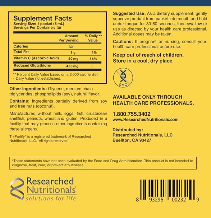 Researched Nutritionals Liposomal Glutathione (450mg) Liquid Gel + Vitamin C - Tri-Fortify - Aid Natural Energy, Immune Support & Detox - Clinically Researched for Absorption - Watermelon (5 Fl Oz)