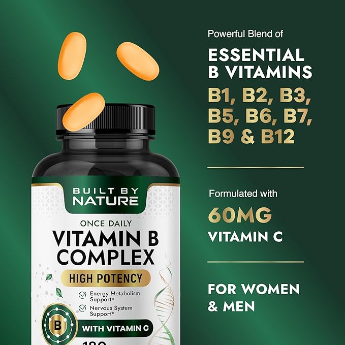 Built by Nature Vitamin B Complex – Super B Complex Vitamins for Women & Men – Energy, Stress & Immune Support – High Potency B Vitamins Complex with B12 – 180 Tablets