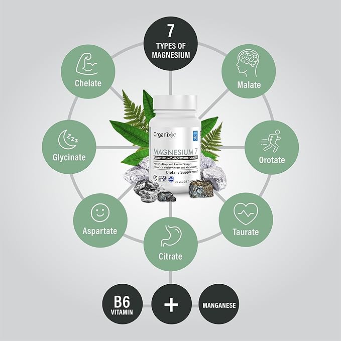Organixx Magnesium Glycinate Supplement for Support Sleep, 3 Month Supply, Muscle & Heart Health, 7 Type Magnesium Complex with Vitamin B6, Manganese Citrate, Gluten Free, Vegan, Non GMO, 90 Capsules