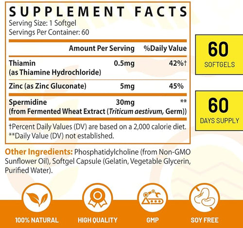 30mg Spermidine Supplement for Men & Women, High Absorption, More Potent Than Spermidine 3HCL - for Cellular Renewal, Longevity & Cognitive, Fermented Wheat Germ Extract, Pure & Natural, 60 Softgels