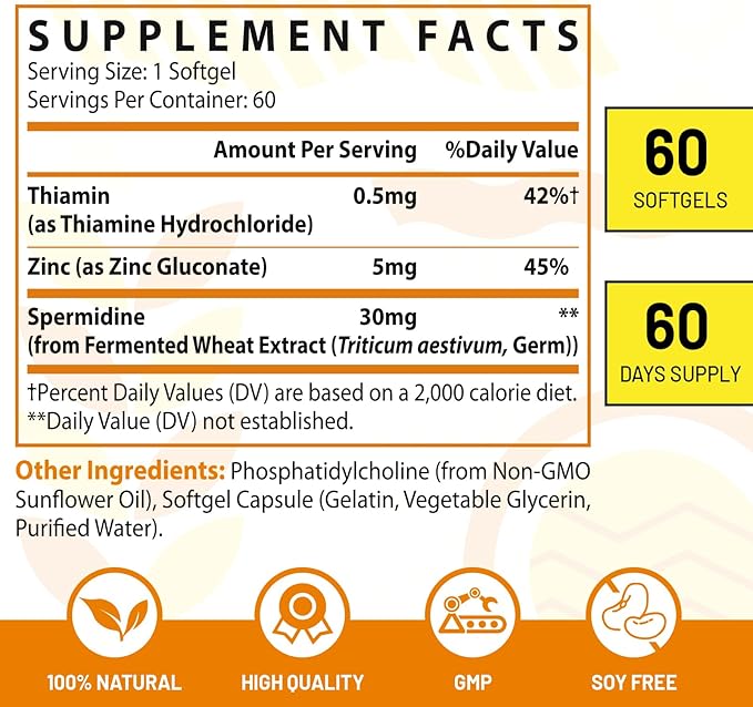 30mg Spermidine Supplement for Men & Women, High Absorption, More Potent Than Spermidine 3HCL - for Cellular Renewal, Longevity & Cognitive, Fermented Wheat Germ Extract, Pure & Natural, 120 Softgels