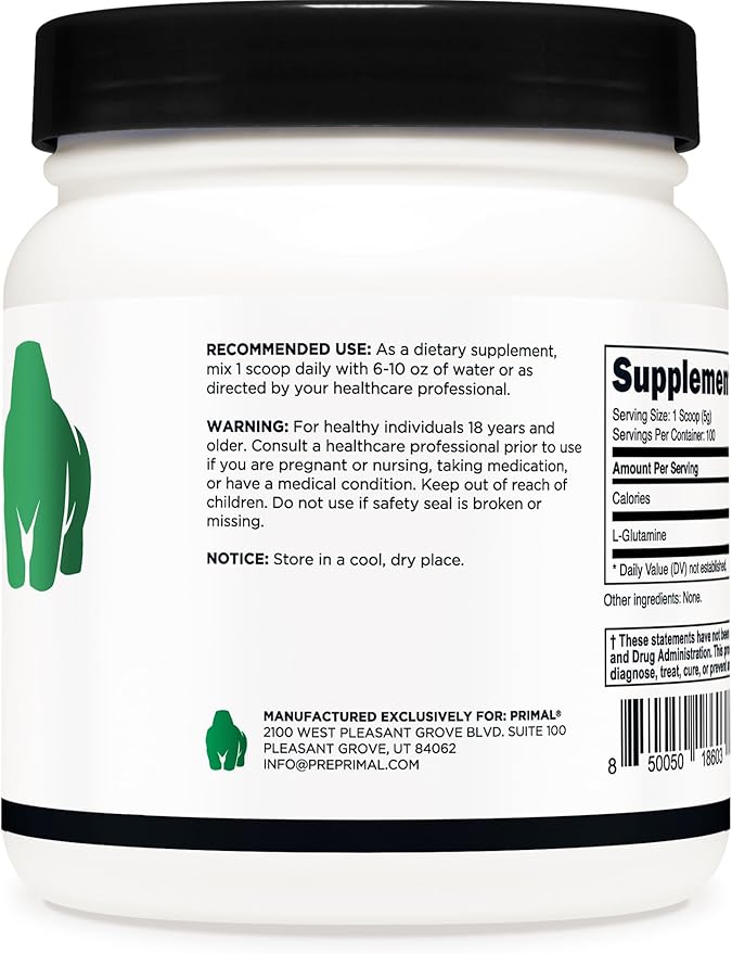 Primal L-Glutamine Powder (500 Grams, 100 Servings) | Pure Unflavored Glutamine Amino Acid for Sport & Workout Support and Performance - Gluten Free, Non-GMO Nutritional Supplement