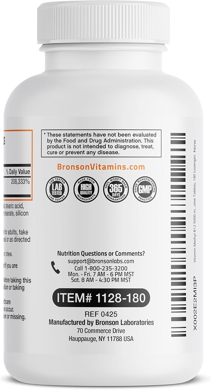 Bronson Methyl B12 5000 mcg Vitamin B12 Methylcobalamin Energy & Brain Support, 180 Lozenges