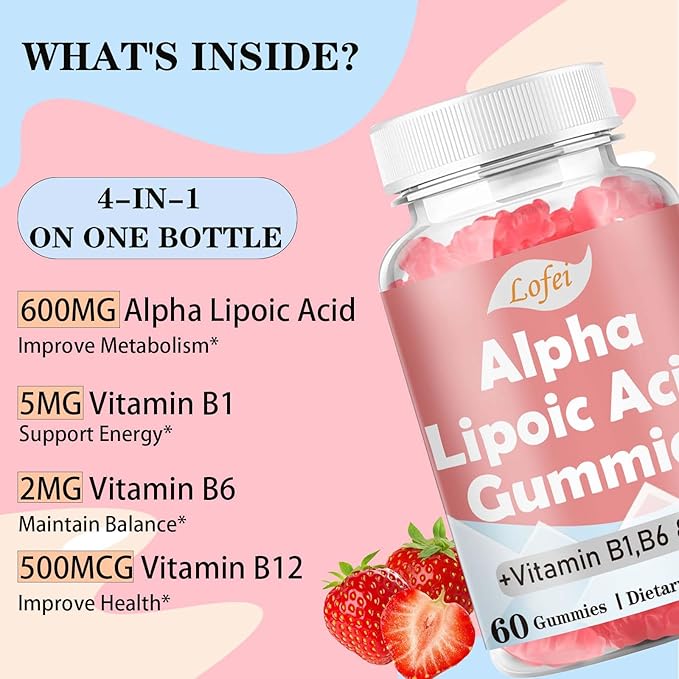 Lofei Alpha Lipoic Acid Gummies 600mg with Vitamin B1,B6 & B12,Sugar Free,ALA Supplement for Energy* & Vi*tality,High Absorption,Non-GMO, Vegan, Gluten-Free,Raspberry Flavor,60 Gummies