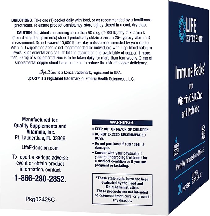 Life Extension - Immune Packs with Vitamin C & D, Zinc and Probiotic (30 Packs)