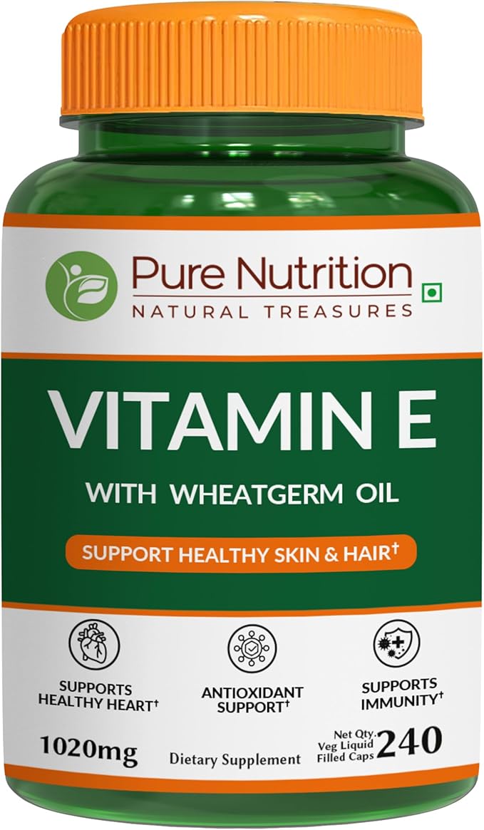Pure Nutrition Vitamin E with Wheatgerm Oil, 1020mg |240 Caps | Natural Source of Vitamin E | Hair and Skin Supplement | Non GMO