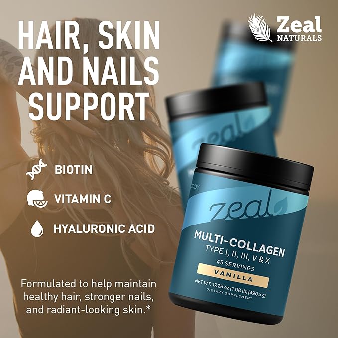 Zeal Naturals Multi Collagen Protein Peptides Powder Types I II III V X - Vitamin C, Biotin & Hyaluronic Acid - Hair, Skin & Nails - Marine, Bovine, Chicken & Eggshell - Vanilla, 45 Servings