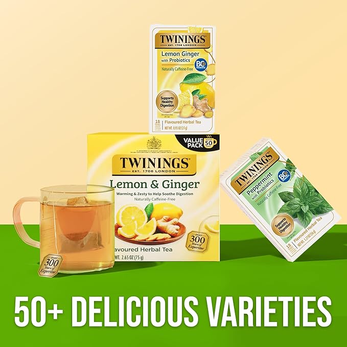 Twinings Superblends Probiotics+ Lemon & Ginger Flavoured Herbal Tea with Turmeric, Caffeine-Free, 18 Count (Pack of 2), Enjoy Hot or Iced, 18 Teabags