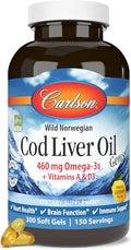Carlson - Cod Liver Oil, 460 mg Omega-3s + Vitamins A & D3, Wild-Caught Norwegian Arctic Cod-Liver Oil, Sustainably Sourced Nordic Fish Oil Capsules, Lemon, 300 Softgels