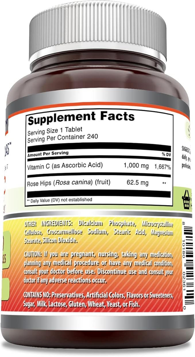 Amazing Formulas Vitamin C with Rose Hips Supplement | 1000 Mg | 240 Tablets | Non-GMO | Gluten-Free | Made in USA