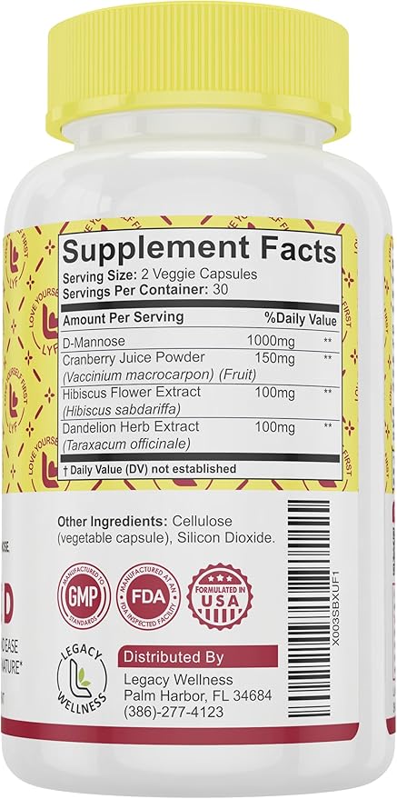 Legacy Wellness Cran-Hibi-D: D Mannose with Cranberry, Hibiscus & Dandelion Capsules - Urinary Tract Health - Natural Cleanse, Bladder Support, Detox Flush, Herbal UT Supplement Pills for Men & Women