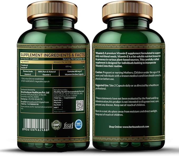 Divya Himalayan Herbs & Seeds 100% Natural Vitamin E Supplement Capsules 600mg (D-Alpha-Tocopherol) Supplement Promotes Skin Health & Nails Health for Women Men Girls - 60 Capsules
