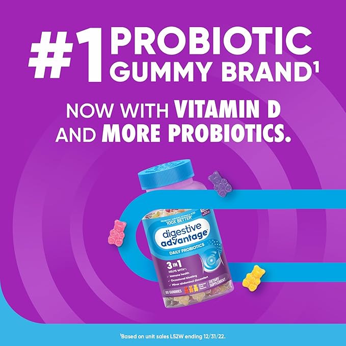 Digestive Advantage Probiotic Gummies For Digestive Health, Vitamin D, Daily Probiotics For Women &Men Occasional Bloating, Minor Abdominal Discomfort & Gut Health, 80ct Natural Fruit Flavors