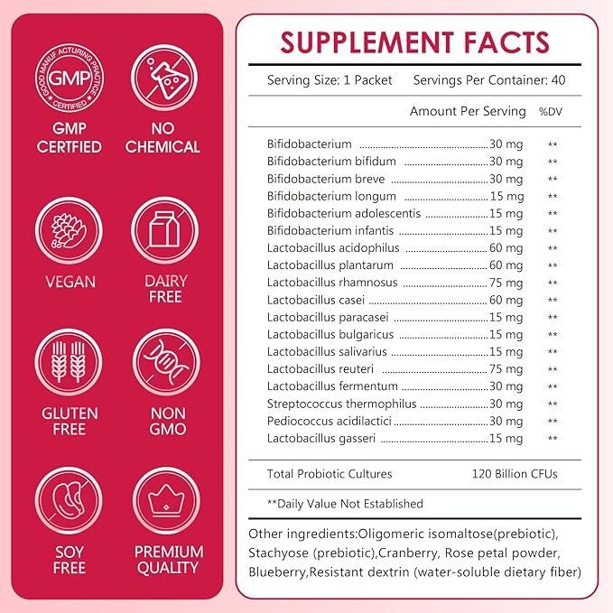 CANLIST Women's Probiotic Powder - 120 Billion CFUs, 20 Strains, Cranberry Extract & 3 Prebiotics, Help for Immune Booster, Digestive Health, Vaginal & Urinary Health, 40 Packets