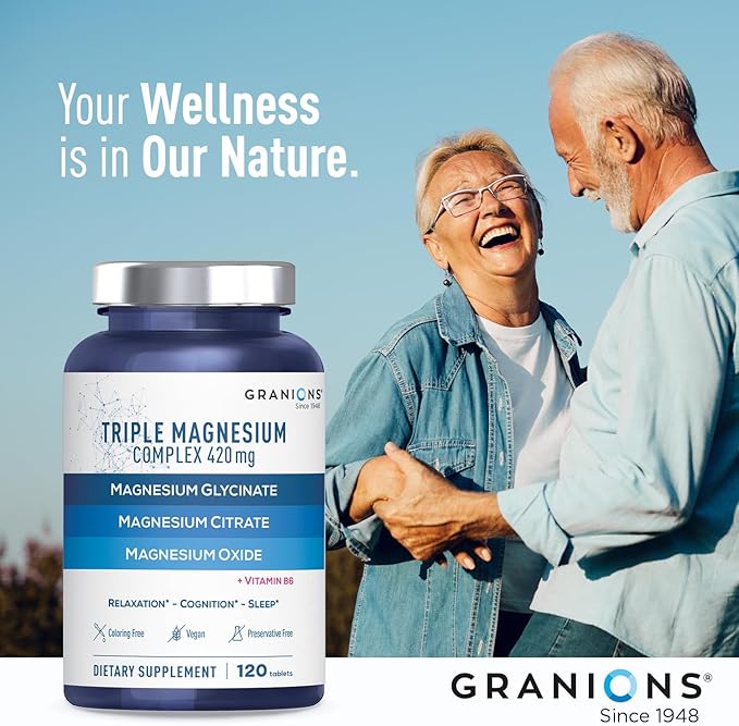 Granions Triple Magnesium Complex + Vitamin B6-420mg Elemental Magnesium Gylcinate Citrate Oxide - Made in USA - Muscle, Nerves, Calm, Sleep 100% DV Supplement for Women and Men - 120 Tablets