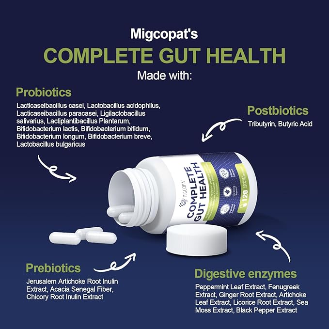 Migcopat Probiotics for Digestive Health, 80 Billion CFU Probiotics, Prebiotics, Postbiotics & Digestive Enzymes, Gut Health Capsules with Berberine, Cinnamon, L-Glutamine, for Men & Women, 240 Counts