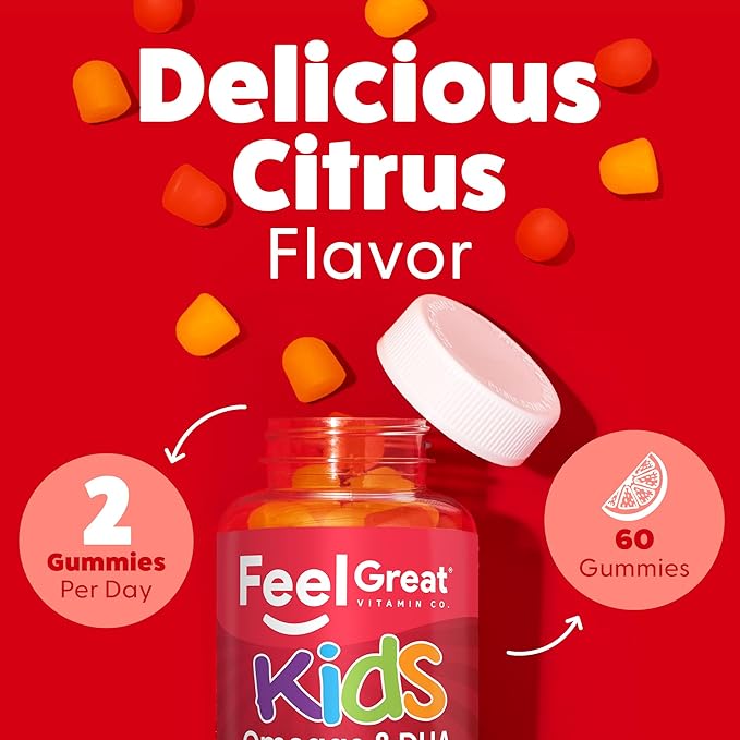Feel Great Vitamins Kids DHA Gummies with Omega 3 6 9, Vitamin C (2-Pack) | Supports Healthy Brain Function, Vision & Heart Health | Gluten Free, Vegetarian | 60 Gummies