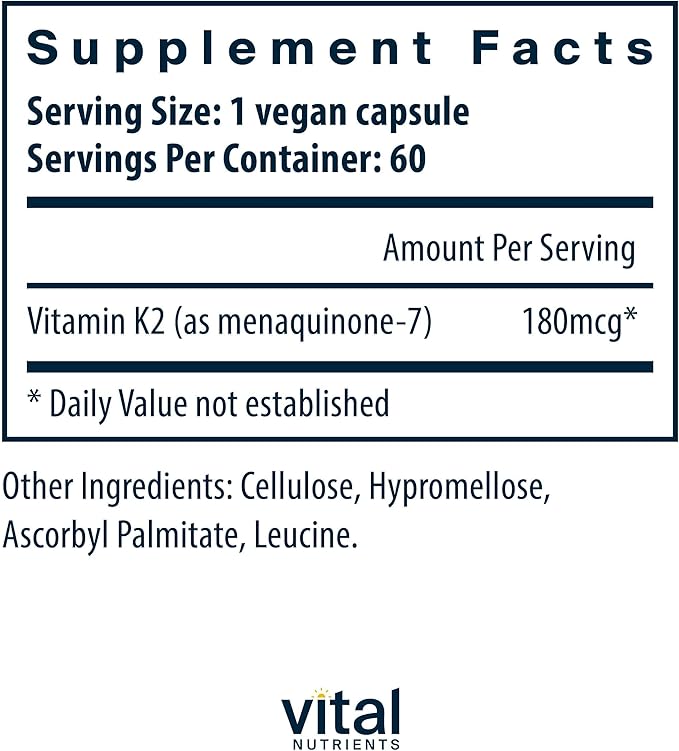 Vital Nutrients Vitamin K2-7 - Promotes Cardiovascular, Heart, Bone Health* - Vitamin K2 + MK7 - Vegan Supplement - Gluten, Dairy, Soy Free - Non-GMO - 60 Capsules